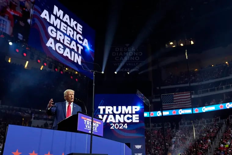 Republican presidential nominee former President Donald Trump speaks at a campaign rally Friday in Glendale, Ariz.