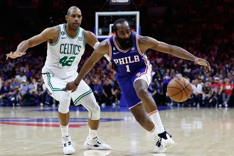 Sixers guard James Harden dribbles the basketball against Boston Celtics center Al Horford in the fourth quarter during Game 6 of the Eastern Conference semifinal playoffs on Thursday, May 11, 2023 in Philadelphia.