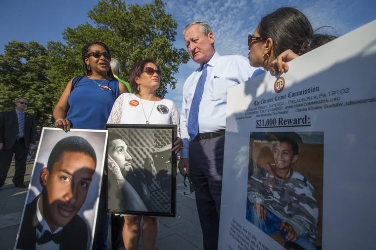 Mayor Kenney talks to  (from left) Trina Singleton, Lisa Espinosa, and Kathy Lees, all of whom lost sons to gun violence.