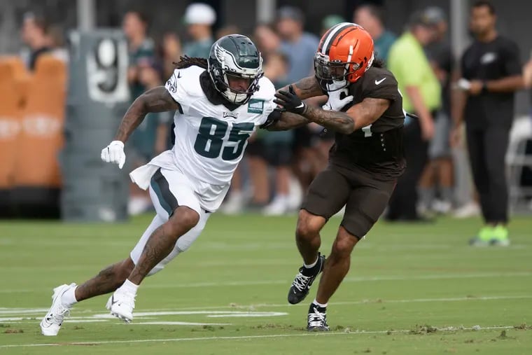 Philadelphia Eagle, Tyrie Cleveland left, runs against Cleveland Browns, Lorenzo Burns on Monday, August 14, 2023, during a joint practice at Novacare Complex in Philadelphia, Pa.