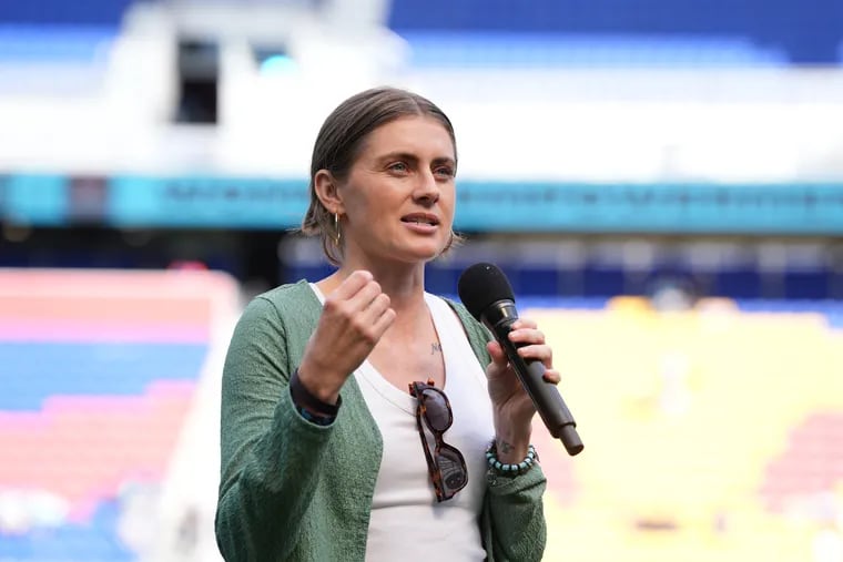 Havertown native Sinead Farrelly speaks to the crowd at a ceremony honoring her retirement at Gotham FC's game against the Houston Dash on Sunday.