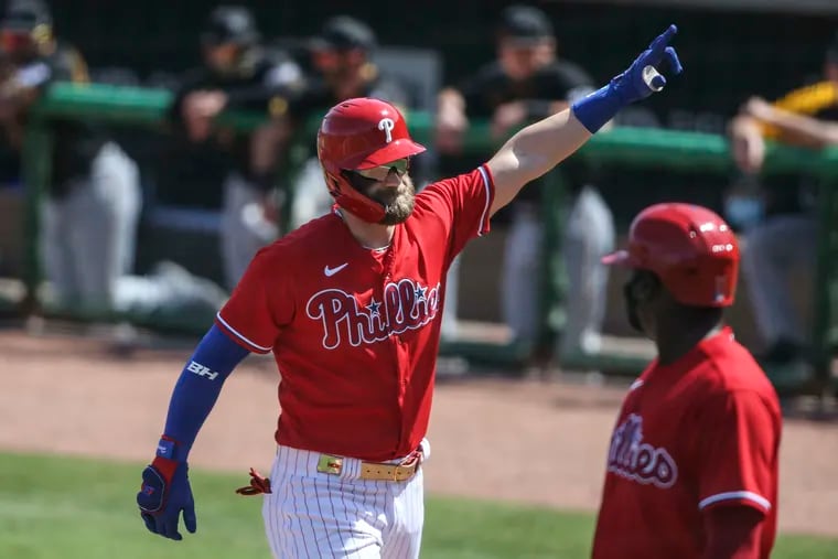 Bryce Harper, shown celebrating a home run against the Pirates on March 5, ended his spring the same way he started it: By crushing a baseball.