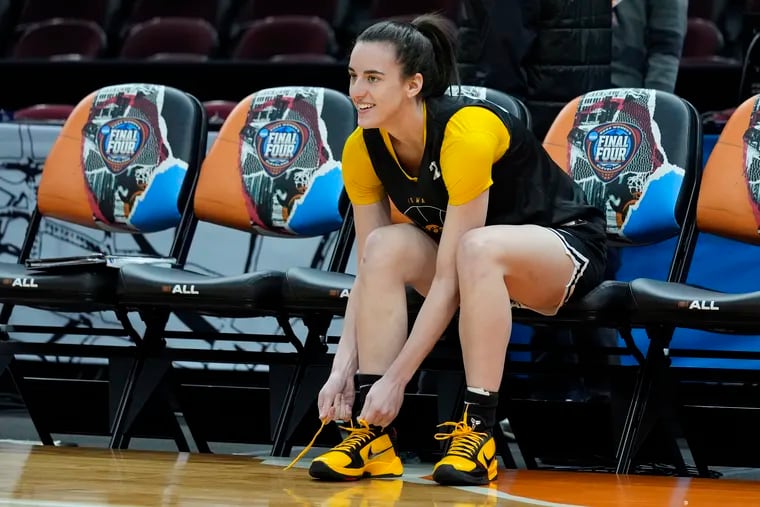 Caitlin Clark at work during Iowa's practice on the eve of the Final Four in Cleveland.