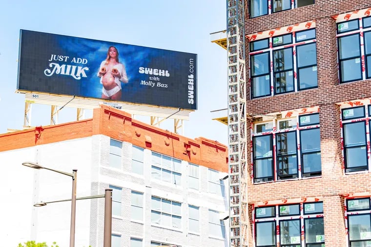 The Swehl billboard that was removed from Times Square earlier this month could be seen Wednesday near the corner of Fifth and Callowhill Streets in Philadelphia.