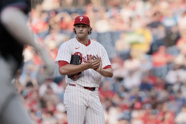 Phillies starter Tyler Phillips looks on after giving up a three-run home run in the first inning against the Marlins on Wednesday.