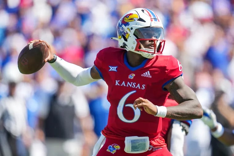 Jalon Daniels of the Kansas Jayhawks throws a pass during the second half against the Duke Blue Devils at David Booth Kansas Memorial Stadium on September 24, 2022 in Lawrence, Kansas. Kansas defeated Duke 35-27. (Photo by Jay Biggerstaff/Getty Images)
