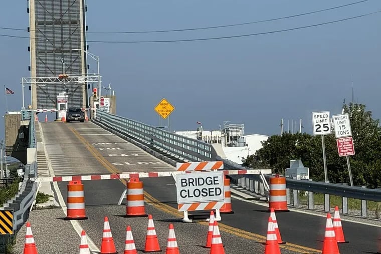 The Middle Thorofare Bridge / Two Mile Bridge closed Sunday to all vehicles, bikes, and pedestrians because of a motor failure. The bridge is stuck in the upright position to allow commercial vessels through.