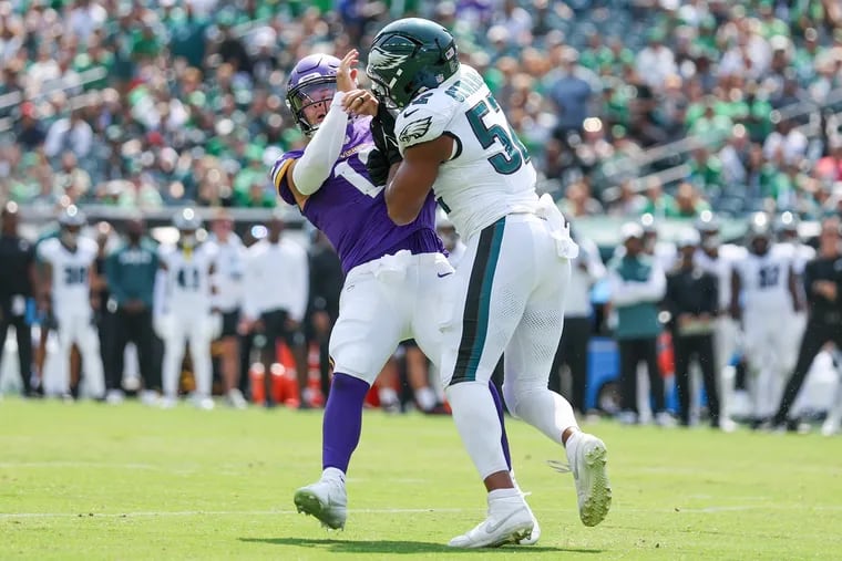 Minnesota Vikings quarterback Jaren Hall absorbs a heavy hit by Eagles linebacker Ben VanSumeren during the third quarter at Lincoln Financial Field on Saturday, Aug. 24, 2024.