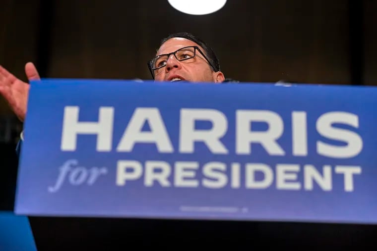 Gov. Josh Shapiro speaks at a rally for Vice President Kamala Harris at Wissahickon High School Monday, July 29, 2024, in Shapiro's home county of Montgomery.