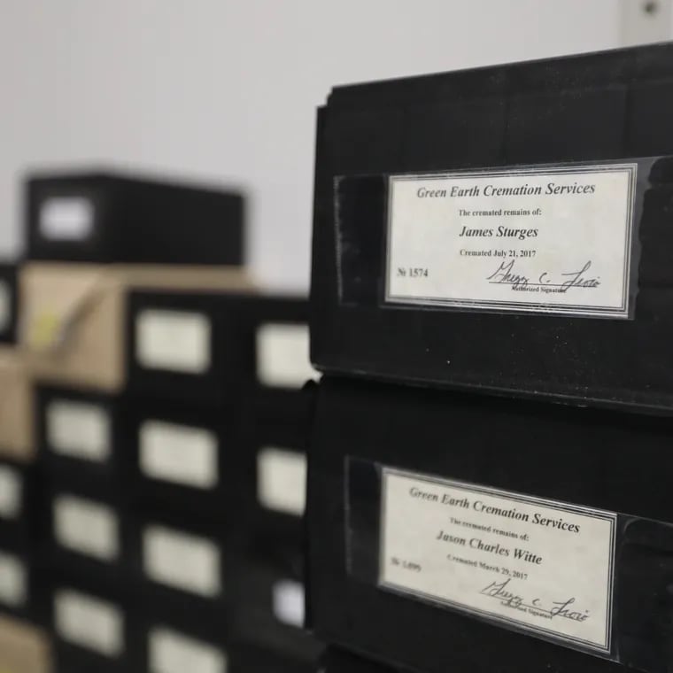 The cremated remains of dozens of unclaimed dead people are stored in these plastic boxes inside the Chester County Coroner's Office, in some cases for many years.