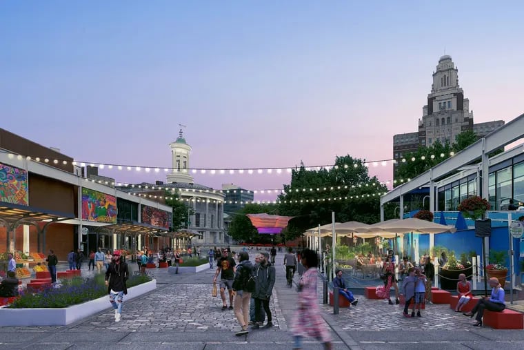 Conceptualized rendering of a Dock Street Plaza plan in the Historical Philadelphia Vision Framework by Independence Historical Trust.