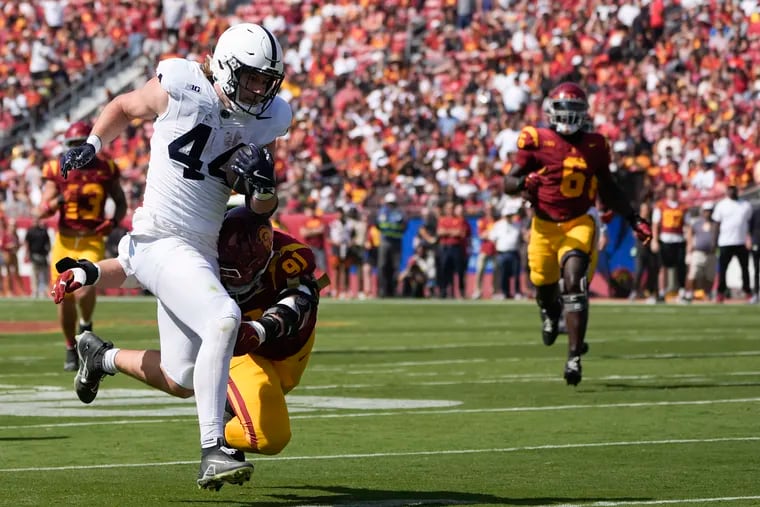 Penn State tight end Tyler Warren (44) has already set a pair of program records and FBS records in what's been a dominant start to the season for the No. 3 Nittany Lions.