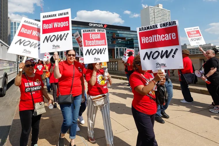 Striking Aramark food-service workers outside of Aramark Global Headquarters in Philadelphia.