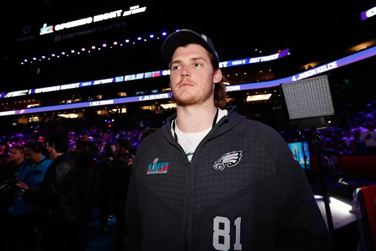 Eagles tight end Grant Calcaterra during Super Bowl LVII opening night at the Footprint Center in Phoenix on Monday.