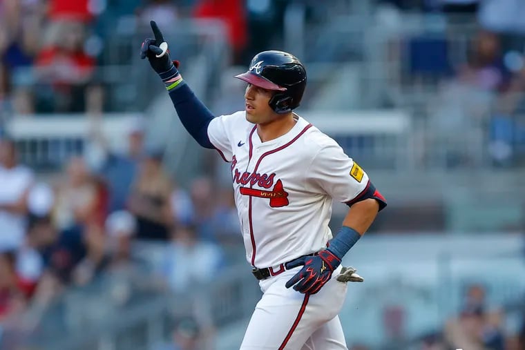Austin Riley #27 of the Atlanta Braves reacts after hitting a home run during the second inning against the San Francisco Giants at Truist Park on July 2, 2024 in Atlanta, Georgia. (Photo by Todd Kirkland/Getty Images)