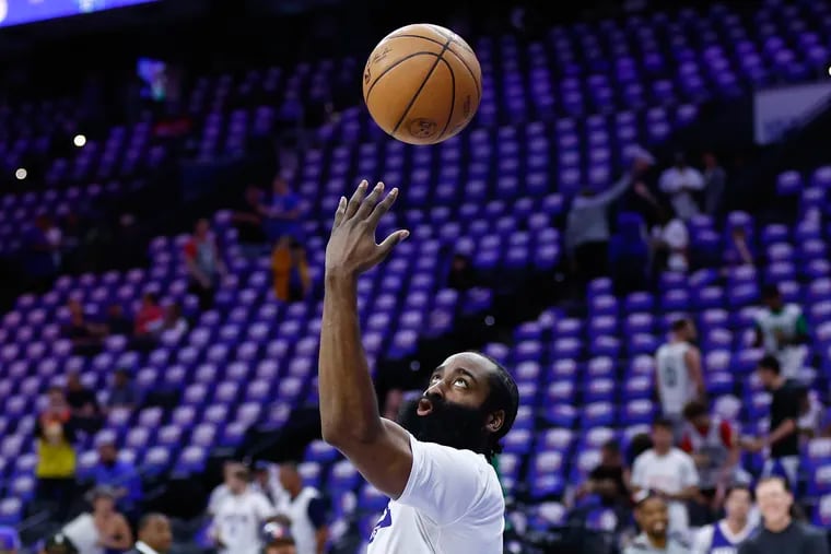 Sixers guard James Harden tosses the basketball during warm ups before the Sixers play the Boston Celtics in Game 4 of the Eastern Conference semifinal playoffs on Sunday, May 7, 2023 in Philadelphia.