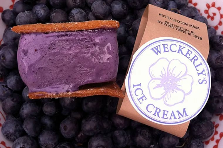 Weckerly's Blueberry Ice Cream Sandwich is a custard-creamy piece of Blueberry Heaven laced with a touch of dark rum and lime zest.  (DAN GERINGER  / Daily News Staff)
