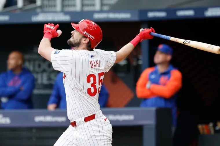 Phillies pinch-hitter David Dahl watches his seventh-inning solo home run against the New York Mets in London on Sunday.