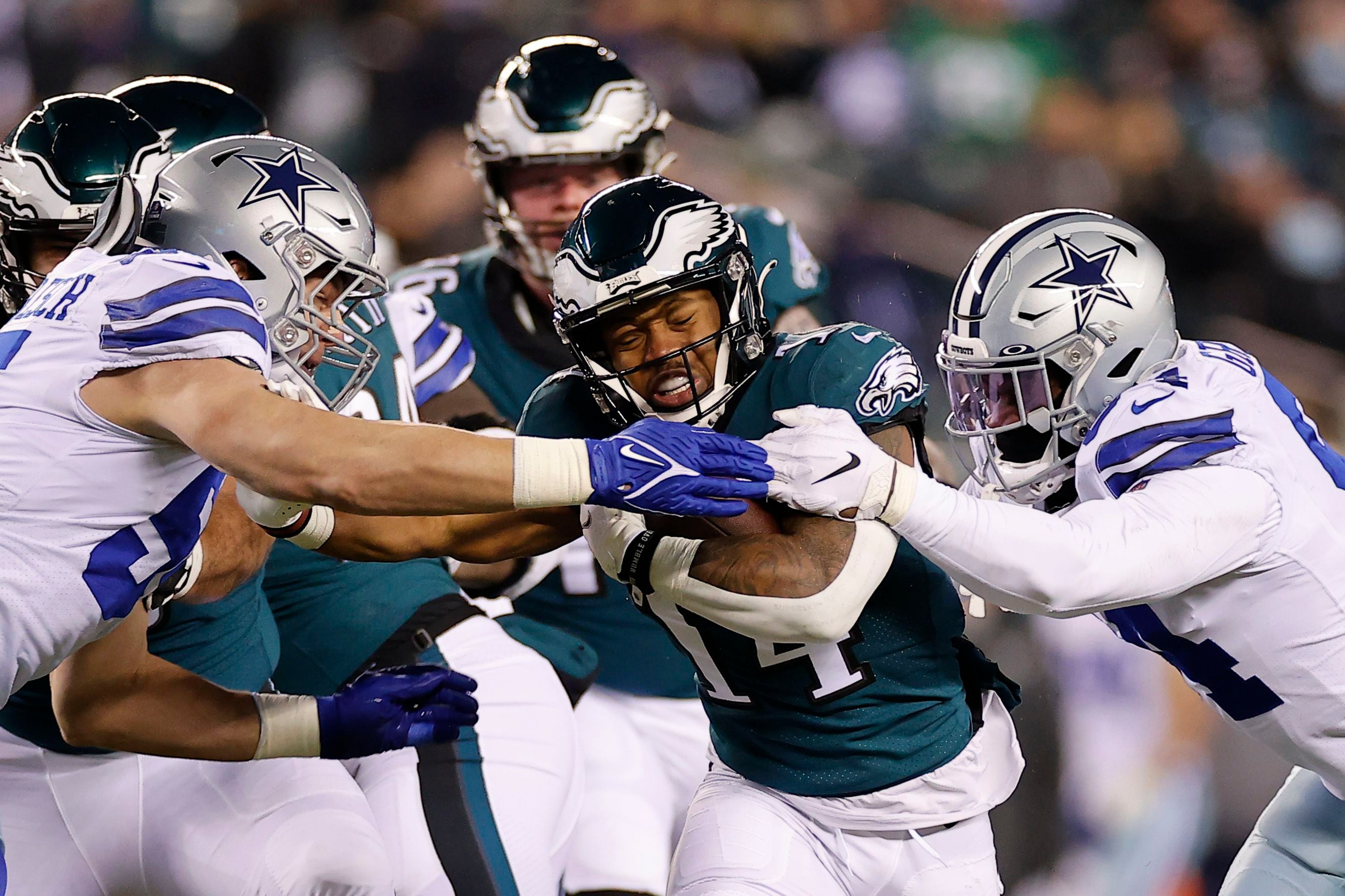 Philadelphia Eagles running back Kenneth Gainwell (14) reacts to the  touchdown during the NFL football game against the Jacksonville Jaguars,  Sunday, Oct. 2, 2022, in Philadelphia. (AP Photo/Chris Szagola Stock Photo  - Alamy