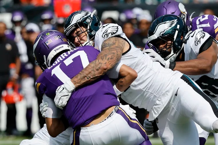 Eagles linebacker Ben VanSumeren sacks Minnesota Vikings quarterback Matt Corral in the third quarter during a preseason game on Saturday, Aug. 24, 2024.