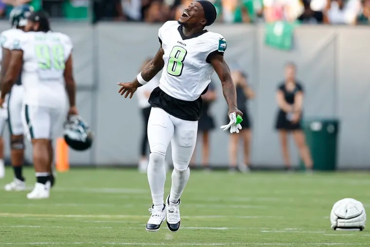 Eagles safety C.J. Gardner-Johnson runs before the start of public practice at Lincoln Financial Field on Thursday.