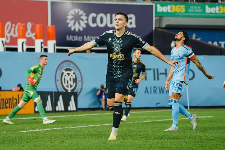 Mikael Uhre celebrates scoring his goal in the Union's 5-1 rout of New York City FC.