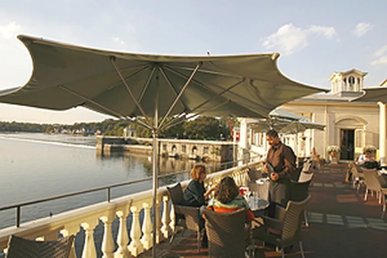 The outside dining area at the Water Works as it appeared in the fall. The Schuylkill is in the background.