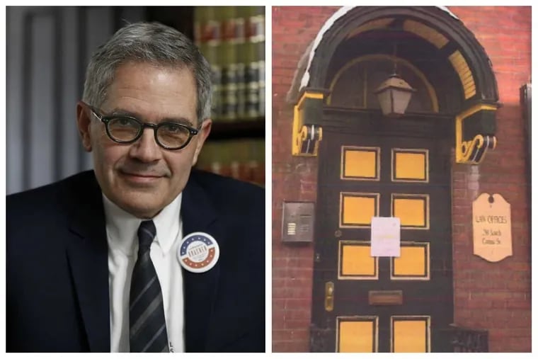 Philadelphia District Attorney Larry Krasner had a major stake in a company that owed more than $37,000 in back taxes in 2015. The image on the right, showing Krasner’s law office being served, is from a court document.