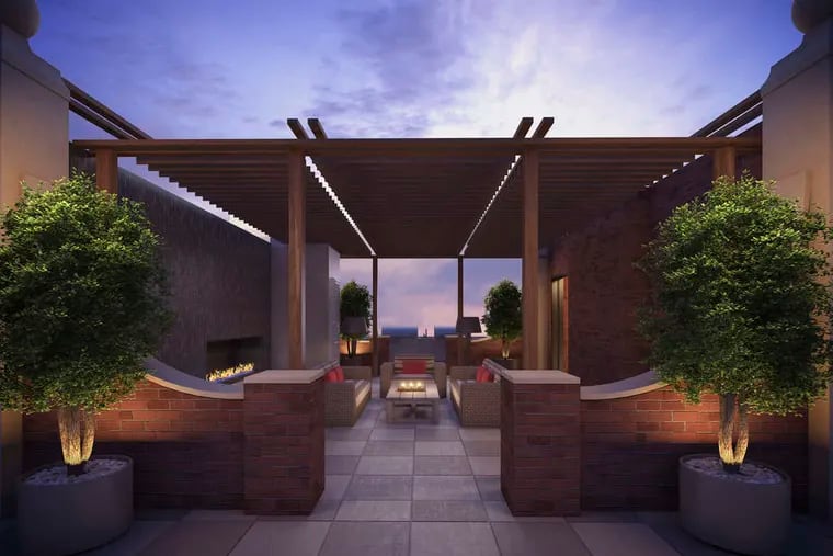 The rooftop of 1616 Walnut St. will feature an outdoor fireplace and herb garden. Icon, Cross Properties, Floss Barber Inc.