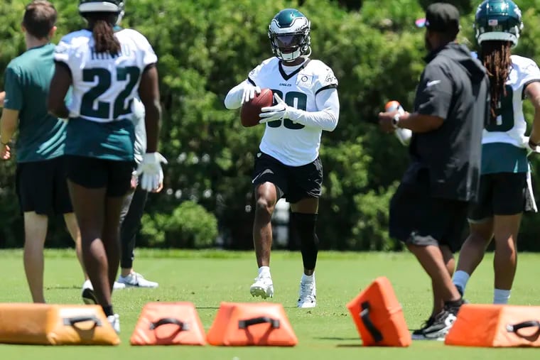Philadelphia Eagles cornerback Quinyon Mitchell runs drills during Philadelphia Eagles practice in at the NovaCare Complex in Philadelphia on Thursday, May 30, 2024.
