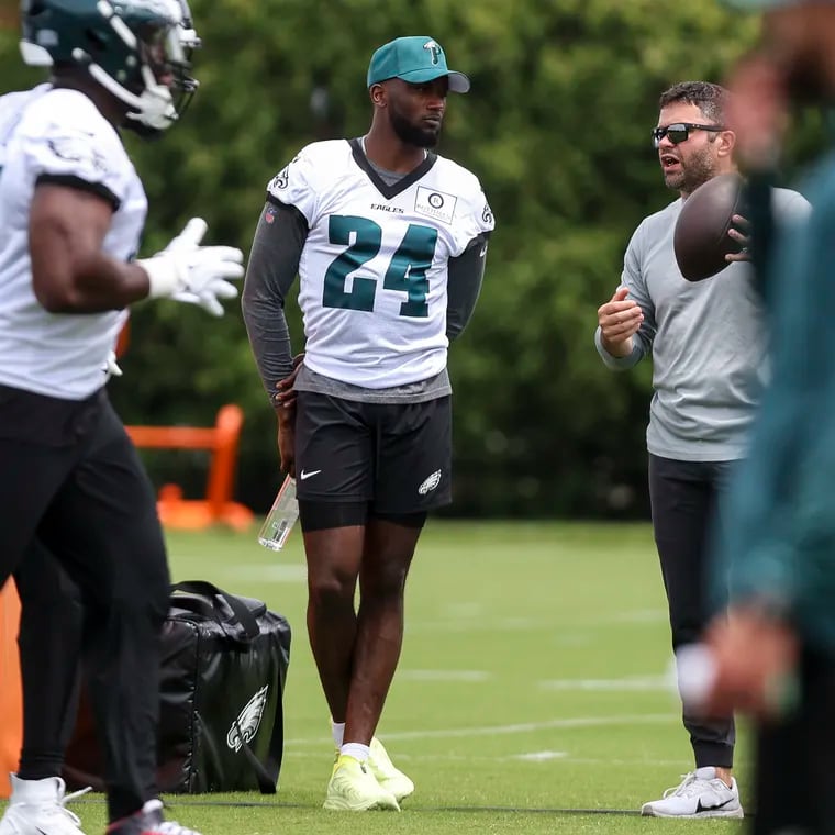 Eagles cornerback James Bradberry stands on the sidelines during minicamp at the NovaCare Complex in Philadelphia on Wednesday, June 5, 2024.