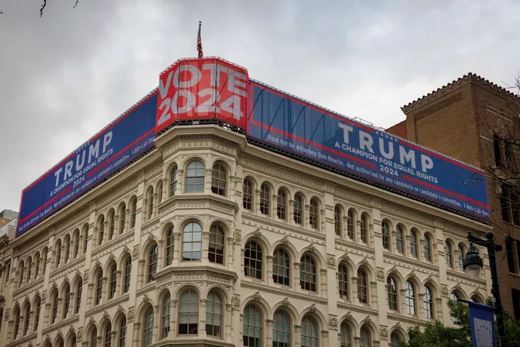 Photo of Trump 2024 advertising on top of Lit Brothers Building at 7th and Market Street in Philadelphia.