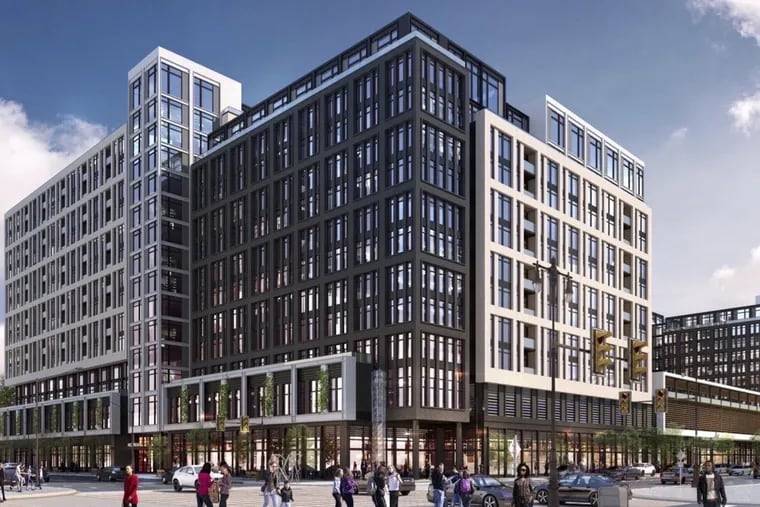 Artist's rendering of developer Bart Blatstein's proposal for a new apartment complex in South Philadelphia, as viewed facing northeast from the corner of Broad Street and Washington Avenue.