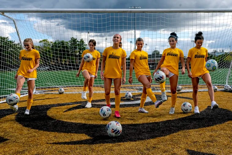 The Rowan women's soccer team features three sets of twins. From left are: Hayley and Jillian Jankowski;  Julianna and Olivia Giordano; and Lianna and Lauren SanFelice.