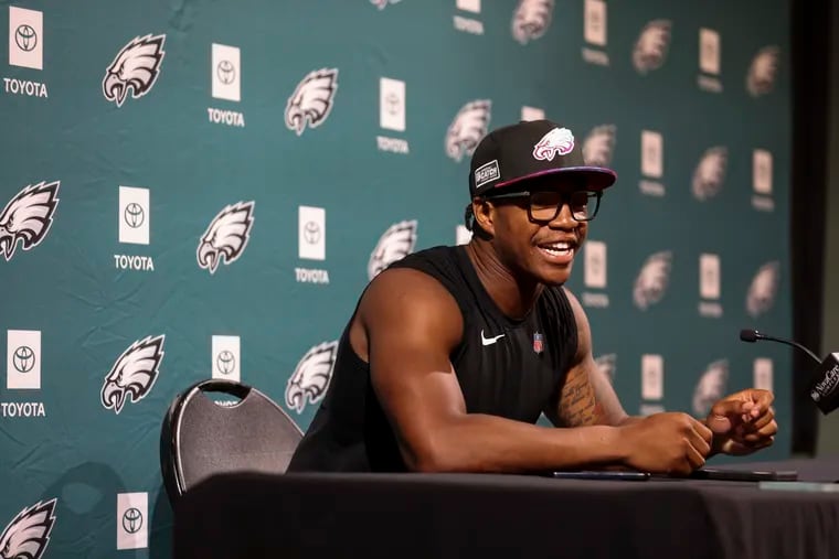 Eagles linebacker Nolan Smith speaking with reporters at the NovaCare Complex in May.