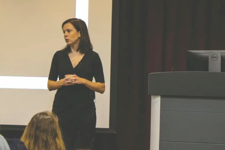 Dr. Allison Weidhaas giving a talk titled "I Came Forward" at Rider University in November 2019.