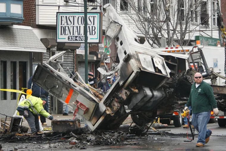 Remains of the PGW truck destroyed in the January, 2011, gas explosion at Torresdale Avenue and Disston Street in the Tacony section. The explosion killed Mark Keeley, a PGW worker. (Alejandro A. Alvarez / Staff Photographer)