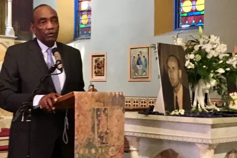 Harvey C. Johnson, first president of the Black People’s Unit Movement, speaks at a memorial service Saturday in Camden for the Rev. Sam Appel, a BPUM supporter who also led an interracial, ecumenical, city-suburban coalition in the 1960s and ’70s.