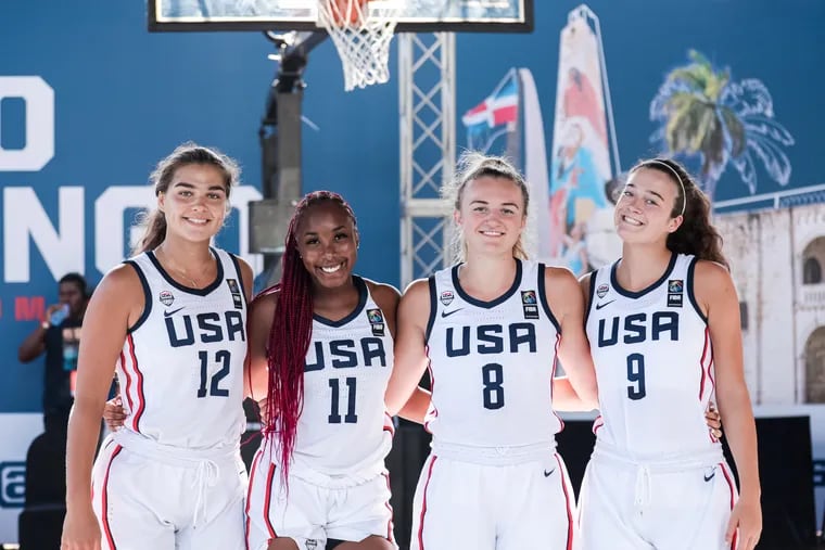 Maddy Siegrist (9) is playing for the 3x3 U23 Women’s Nations League team in Santo Domingo, Dominican Republic. With her, from left, are Maddy Westbeld, Kayla Wells, and Alyssa Ustby.