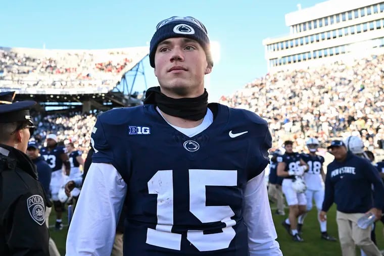 Penn State quarterback Drew Allar (15) is expected to suit up for the Nittany Lions' regular-season finale on Friday.