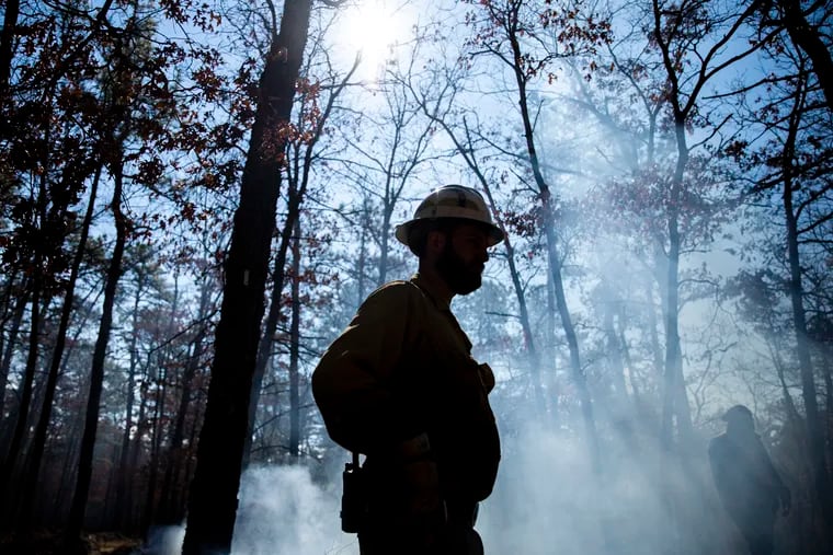 Trevor Raynor, Section Fire Warden with New Jersey Forest Fire Services, explains the prescribed burnings to press at Bass River State Forest in Little Egg Harbor, N.J., on Wednesday.