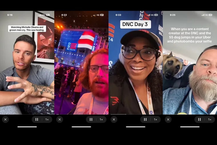 From left, Tell Williams @mrwilliamsprek, Alex Pearlman @pearlmania500, Dara Starr Tucker @darastarrtucker, and Kory Aversa @phillypublicist - all Pennsylvania content creators - document their DNC experiences on TikTok.