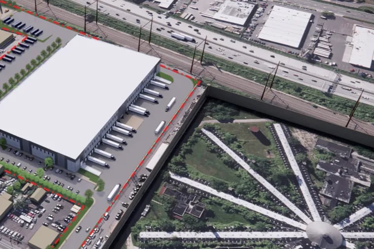 An overhead rendering of the proposed  Rockefeller Group warehouse, next to Holmesburg Prison on the right.