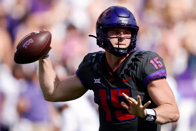 TCU Horned Frogs quarterback Max Duggan has passed for 3,070 yards, rushed for 294 yards and accounted for 34 total touchdowns this season. Duggan and the unbeaten Horned Frogs face Kansas State in Saturday's Big 12 championship game. (Photo by Ron Jenkins/Getty Images)