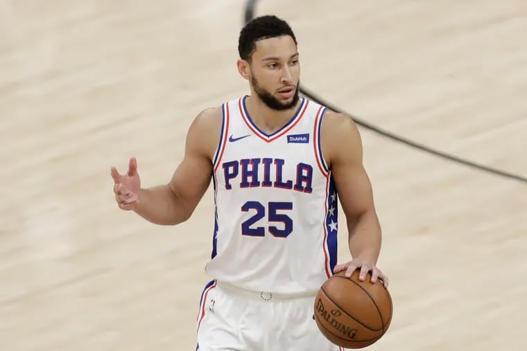 Sixers guard Ben Simmons dribbles the basketball against the Atlanta Hawks in Game 6 of the NBA Eastern Conference playoff semifinals.