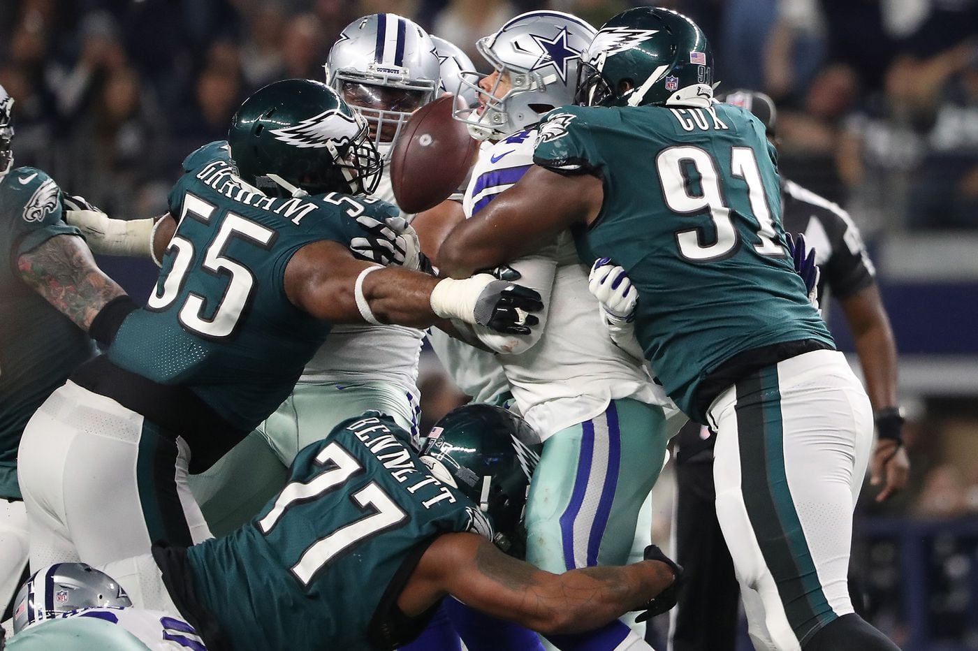 The Eagles' defensive line put pressure on the Cowboys' Dak Prescott ...