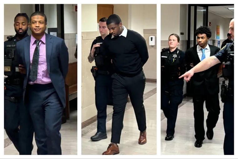 (From left) Jerry Butler, Daquan Allen, and Damon Brantley Jr. are escorted out of a courtroom in the Montgomery County Courthouse on Thursday during their trial on murder, robbery, and related charges. The three were found guilty of plotting and carrying out the fatal robbery of William Carter in Norristown.