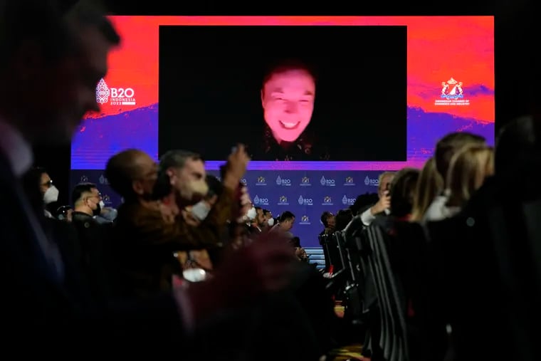 Tesla CEO Elon Musk smiles during a virtual meeting at the B20 Summit ahead of the G20 leaders summit in Nusa Dua, Bali, Indonesia, on Nov. 14.