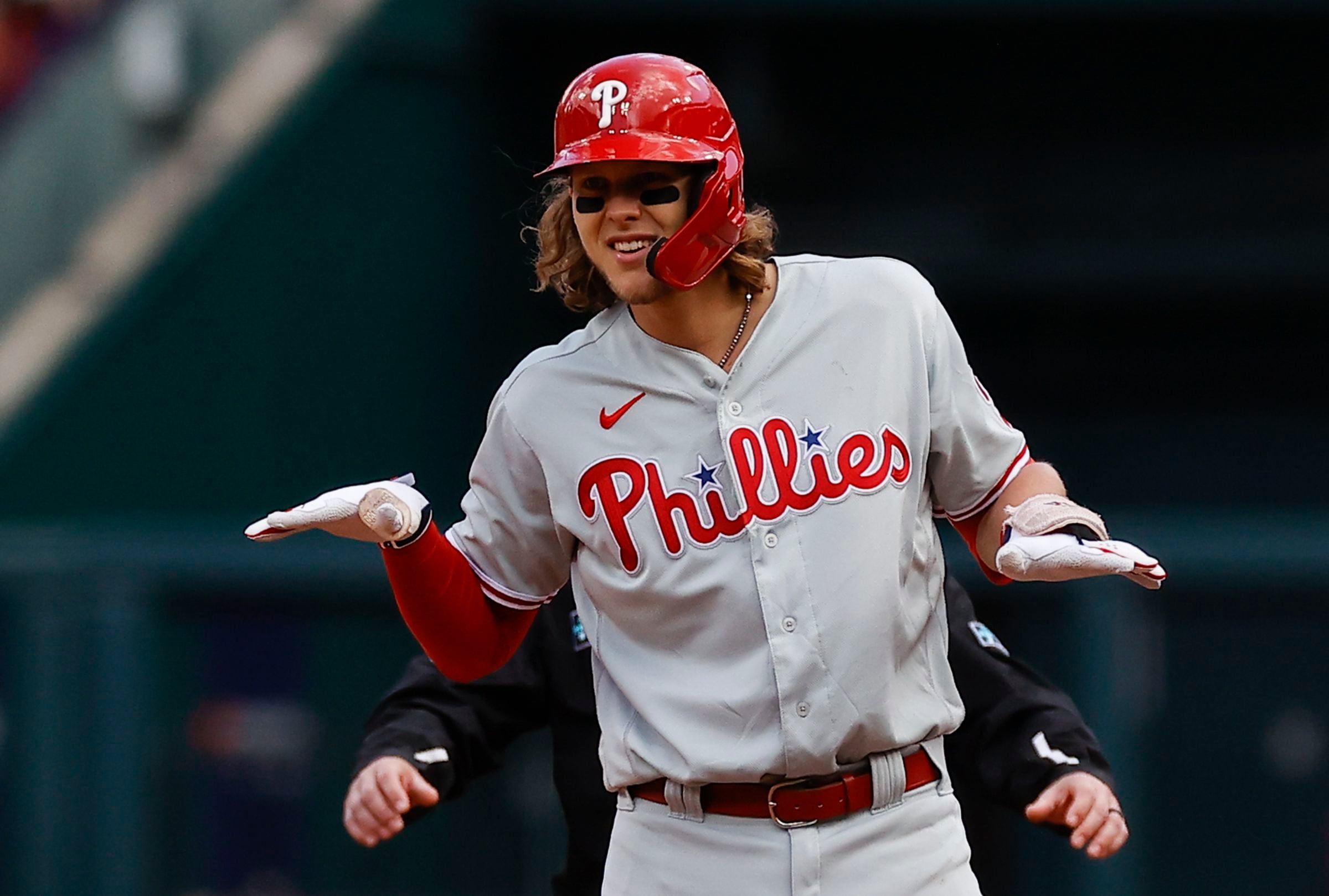 Houston, United States. 28th Apr, 2023. Philadelphia Phillies first baseman ALEC  BOHM during the MLB game between the Philadelphia Phillies and the Houston  Astros on Friday, April 28, 2023, at Minute Maid
