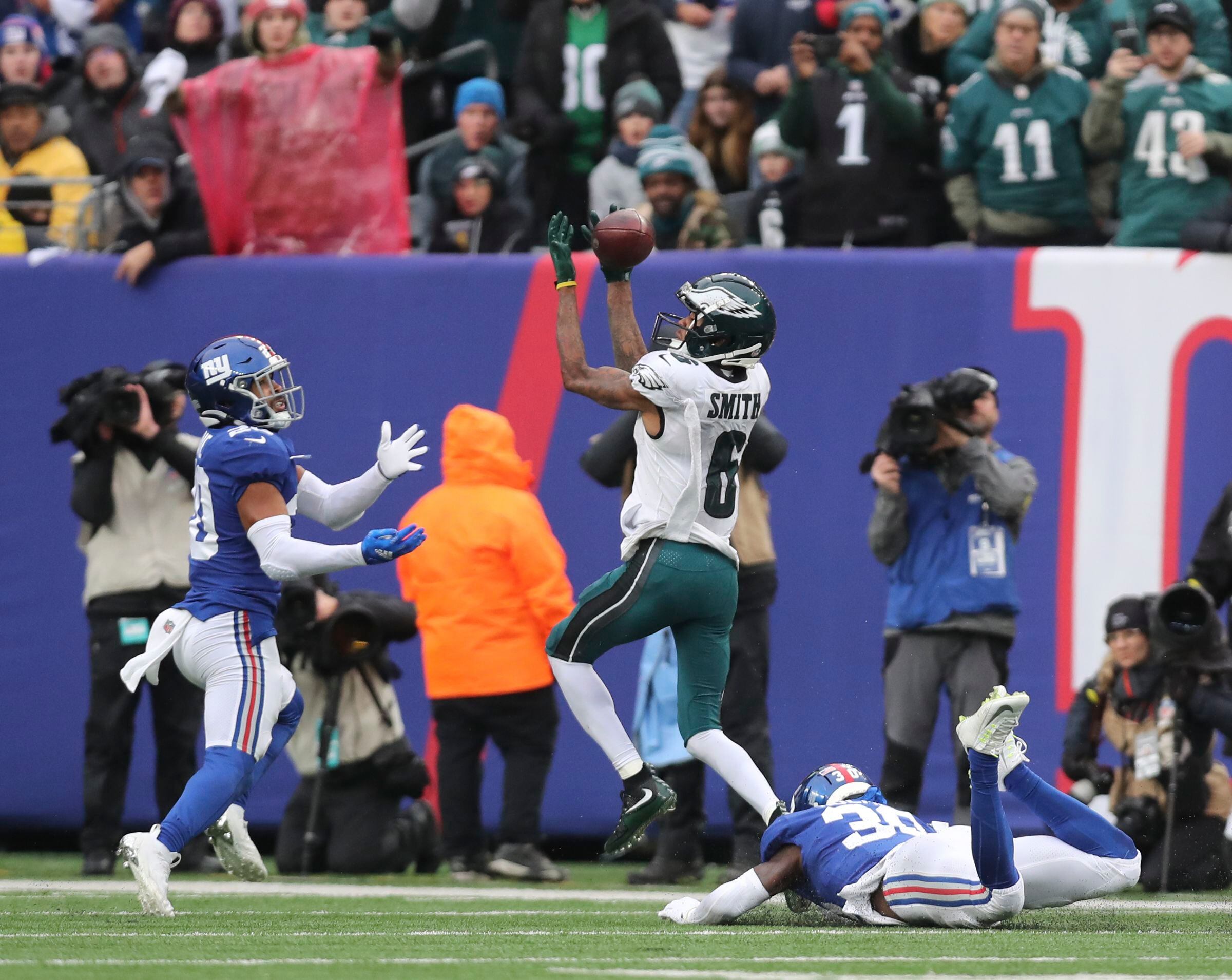 Philadelphia Eagles running back Miles Sanders (26) reacts after a  touchdown against the New York Giants during an NFL football game Sunday,  Dec. 11, 2022, in East Rutherford, N.J. (AP Photo/Adam Hunger